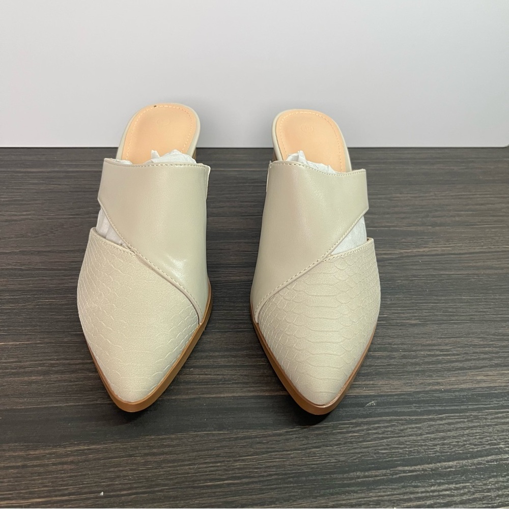 Creme Backless Mules closed-toe chunky heel scale-texture western boho chic NIB